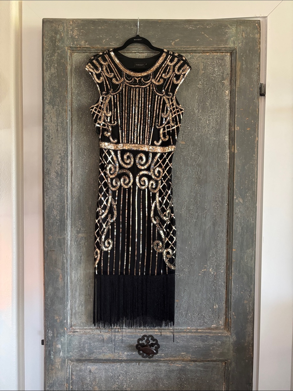 Embellished Black Midi Dress with Gold Beadwork